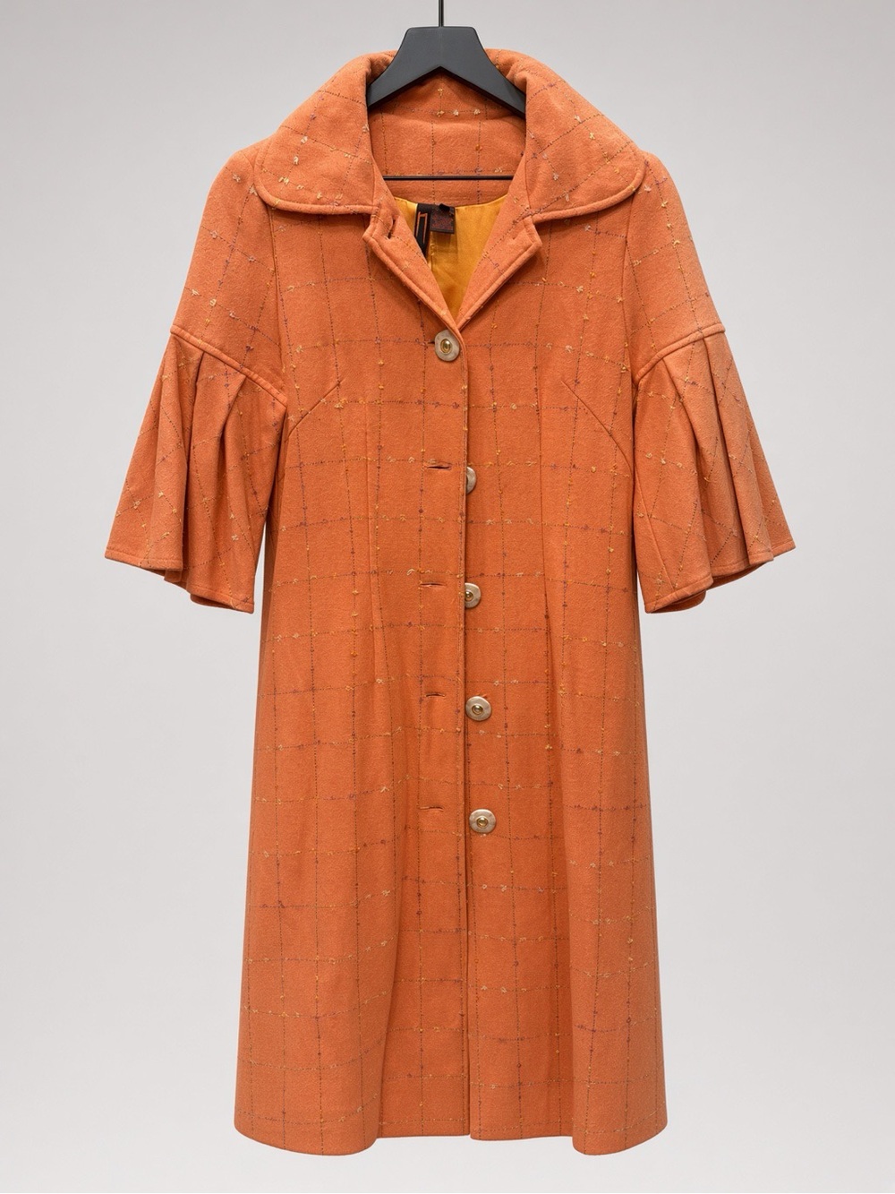 Women’s Orange Button-Front Trench Coat with Pleated Elbow Sleeves 60’s